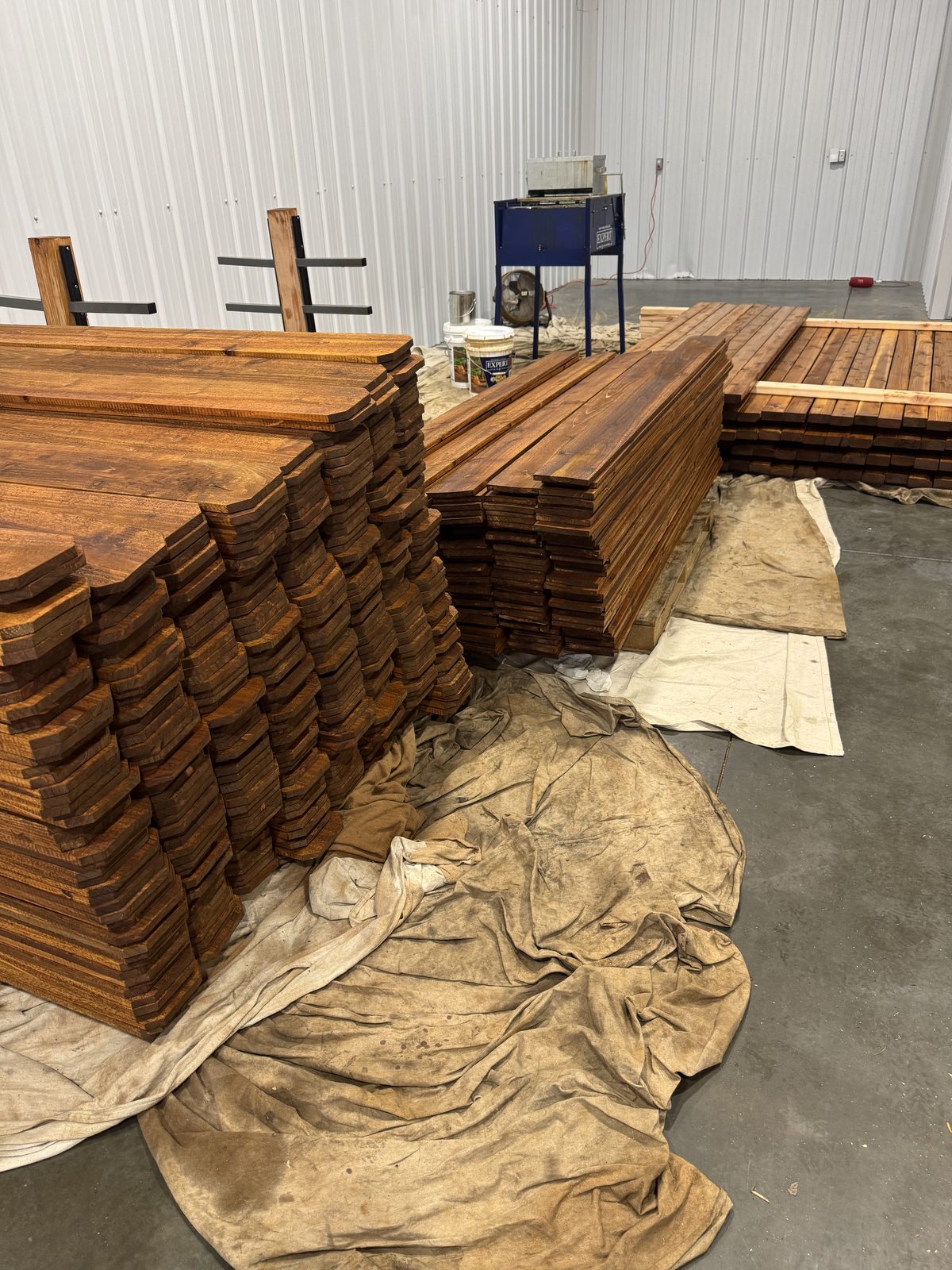 Freshly stained boards in the shop, pre-staining staining in Kansas City by Staining Grain