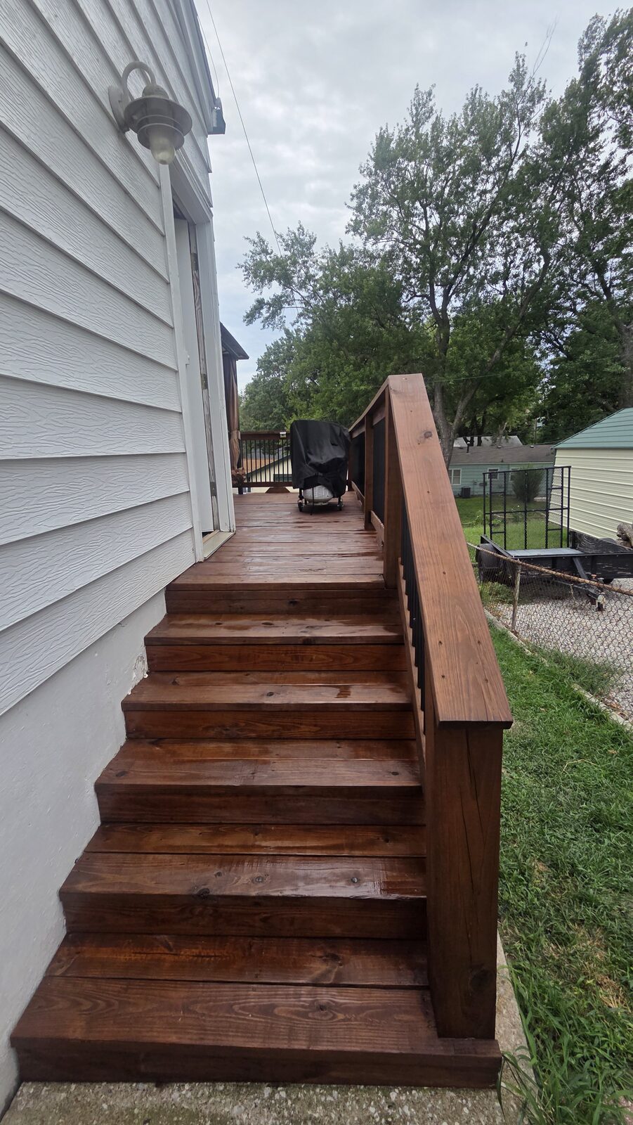 Walnut stained deck stairs